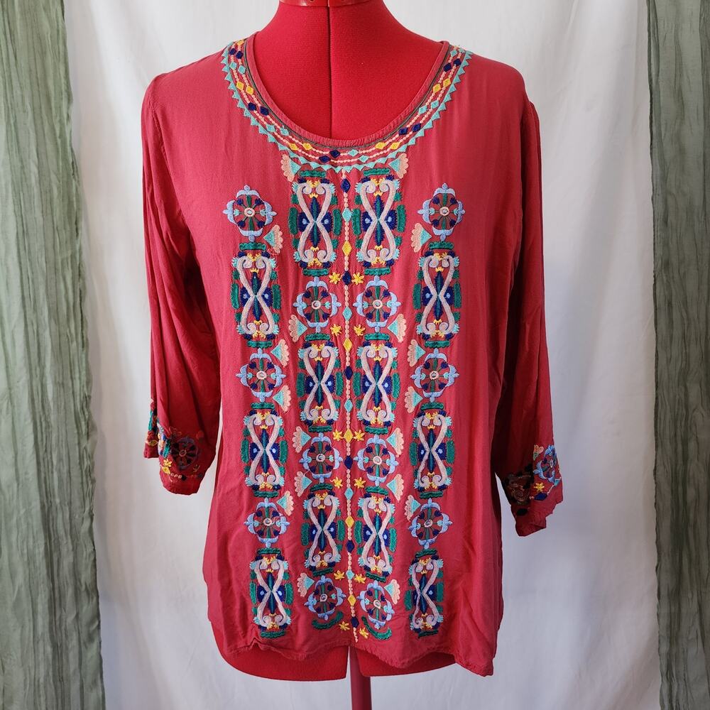A & A Clothing Inc Red Embroidery Soft Boho Peasant Blouse Size M